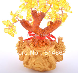 New Feng Shui Citrine/ Yellow Crytal Gem Money Tree with Chinese Dragon Pots