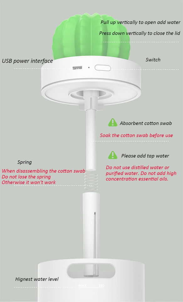 280ML Cactus Ultrasonic Aroma Essential Oil Diffuser