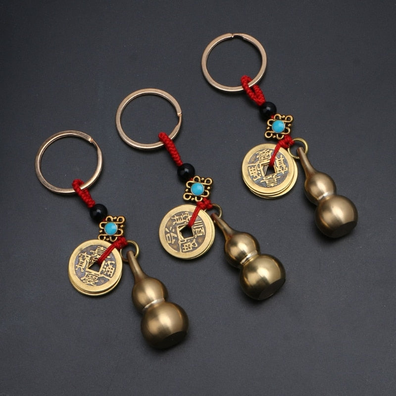 Lucky Gourd Keychain with Feng Shui Coins Brass Calabash Wu Lou Pendant Keychain