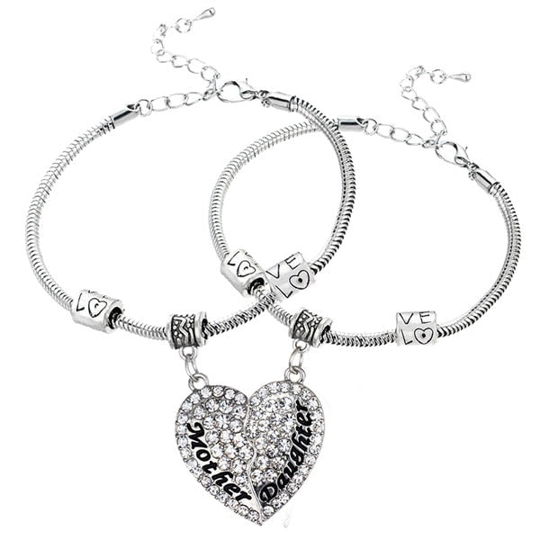 Crystal Rhinestone Heart Mother Daughter Bangles